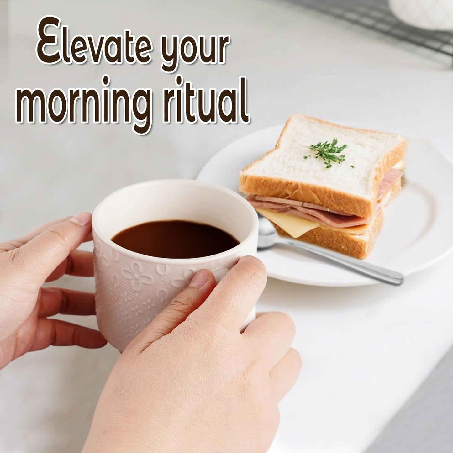 Large Coffee Mug Set of 4 with Stand and Spoons – 14oz Heavy Duty Ceramic Cups for Breakfast Coffee, Hot Drinks, Cocoa – Microwave & Dishwasher Safe – Big Porcelain Mugs Gift for Home Use