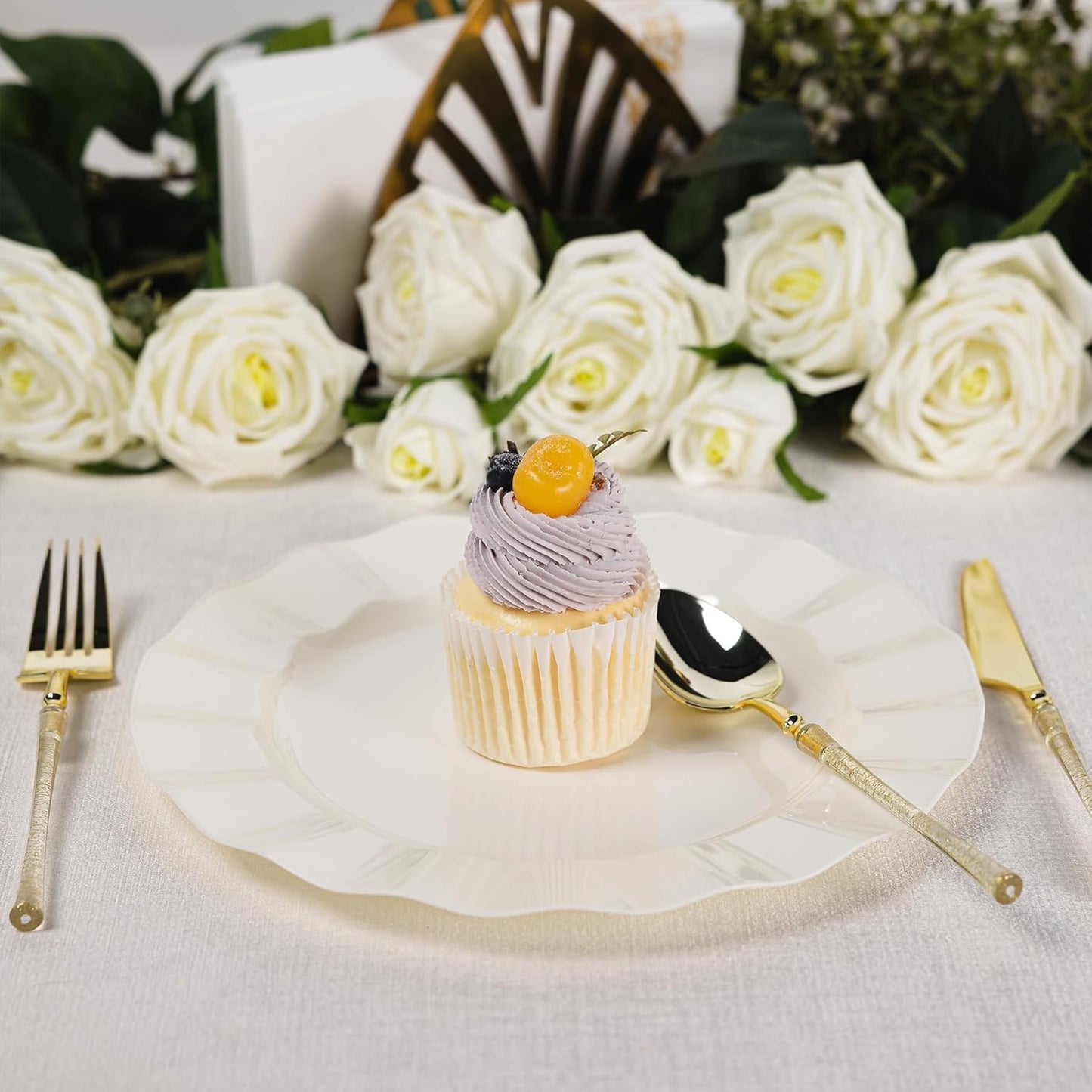 72 Pack Ivory Plastic Plates, 7" Disposable Wave Salad/Dessert Plates Elegant Heavy Duty Plate for Party, Wedding, Thanksgiving, Christmas