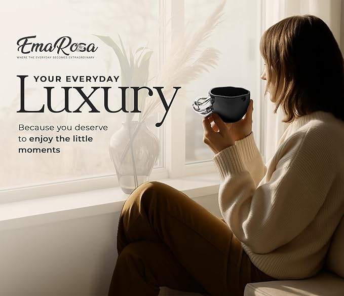 EmaRosa Ceramic Tea Cup Set with Silver Handle – Black Faceted Teacup and Saucer Set of 4 – Elegant Mugs Set of 4 for Coffee or Tea – Luxury Gift Box