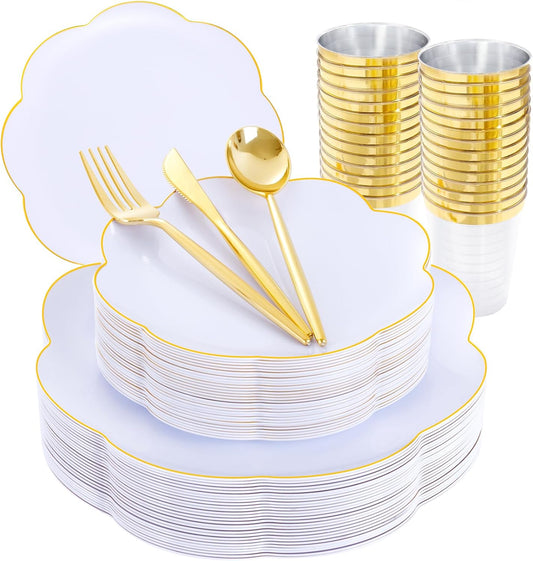 EI 180pcs White Plastic Plates with Gold Plastic Silverware,Heavy-Duty Disposable Plates for Party,White Dinnerware Set for 30 Guest Wedding,Birthday