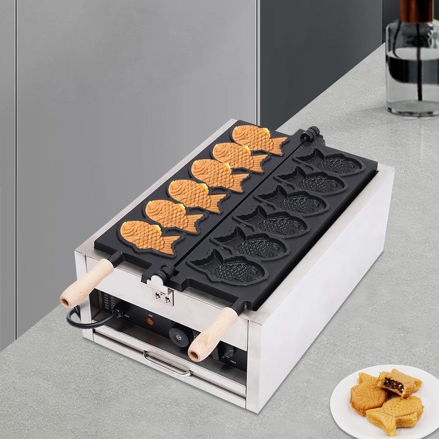 6Pcs Commercial Taiyaki Fish Waffle Maker 3000W Electric Nonstick Fish-Shaped Waffle Baker Machine for Family, Restaurants, Food Stores