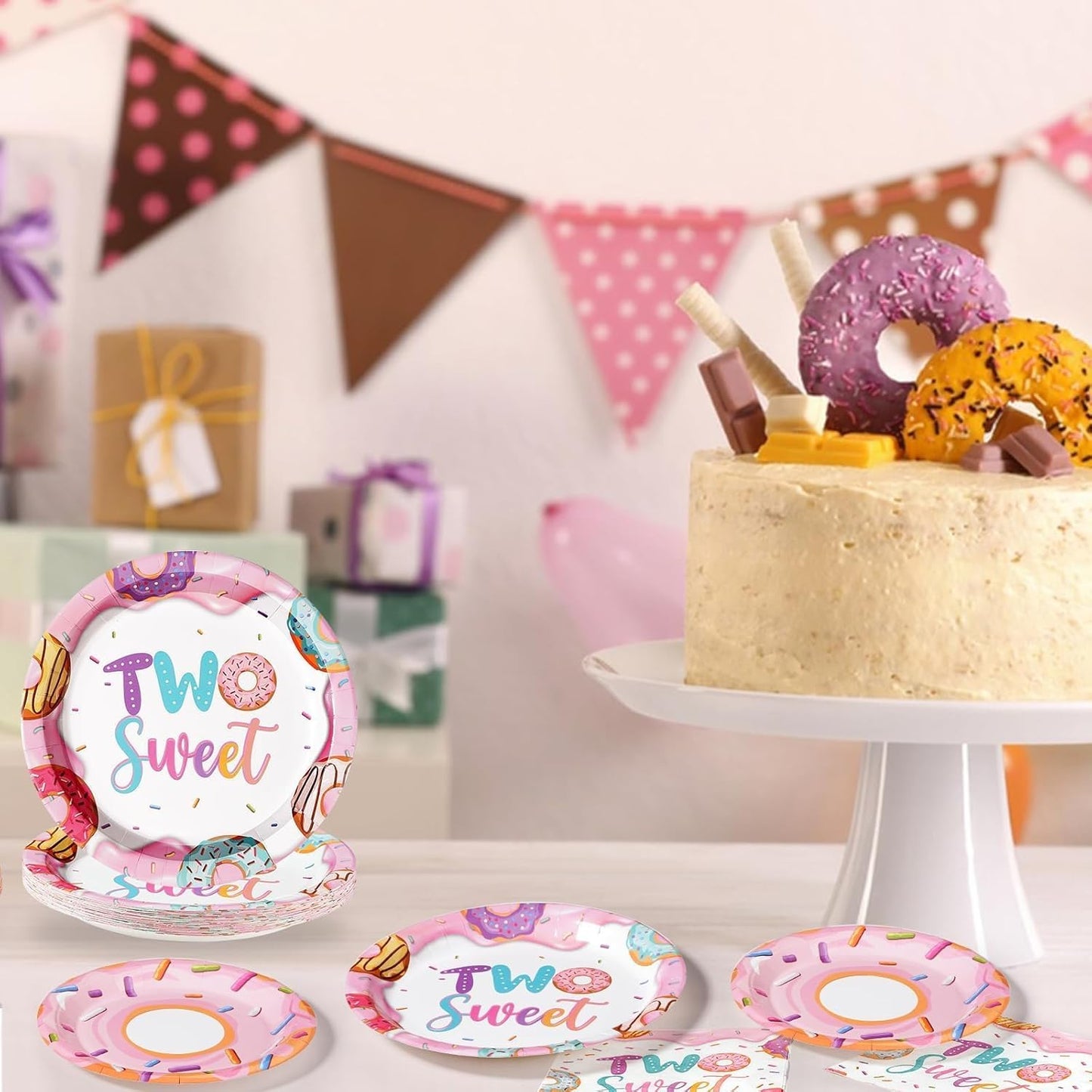 96 Pcs Two Sweet Donut Birthday Party Supplies Two Sweet Party Decorations Donut Plates Napkins Forks Girls Donuts Tableware Set for Baby Girl 2nd Birthday Decorations Baby Shower Serves 24