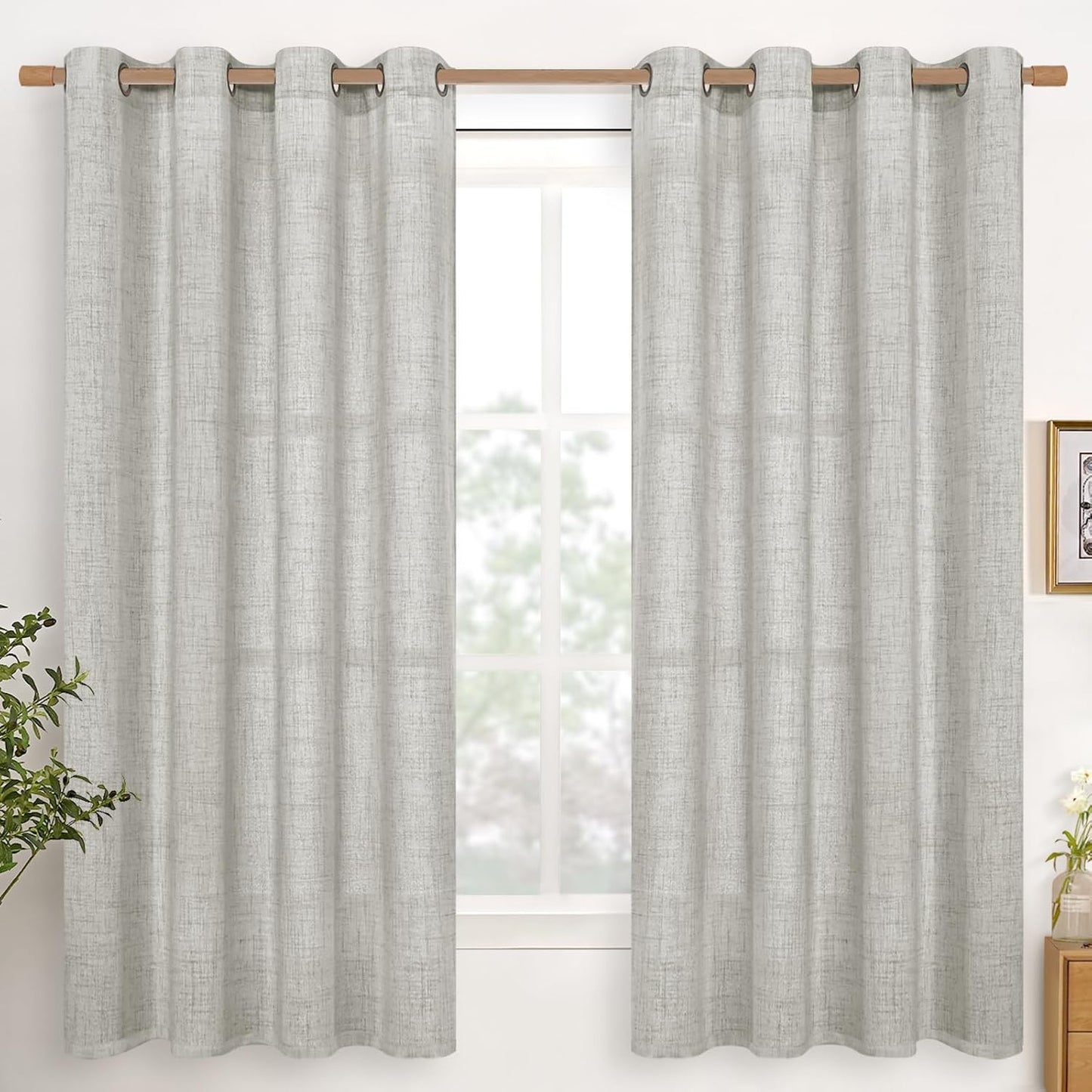 YoungsTex Light Grey Linen Curtains 68 Inch Length for Living Room, Light Filtering Window Drapes Semi Sheer with Bronze Grommet Privacy for Bedroom, 52 x 68 Inch, 2 Panels