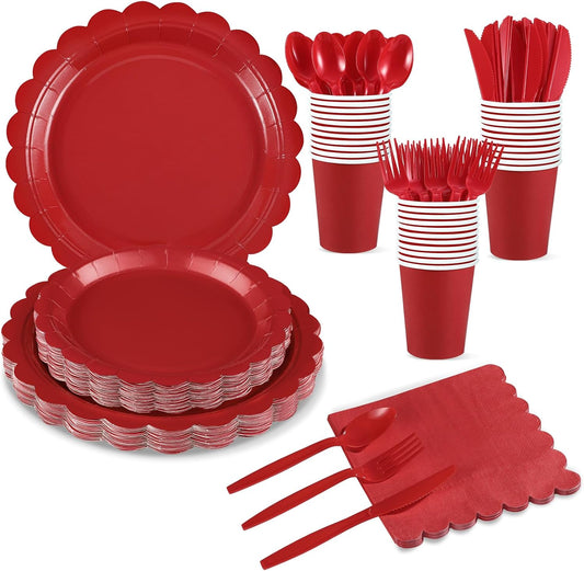 175 Pcs Red Plates and Napkins, 25 Guest Red Party Supplies Include Christmas Plates and Napkins Cups Plastic Spoons Forks Knives for Birthday, Christmas, Picnic
