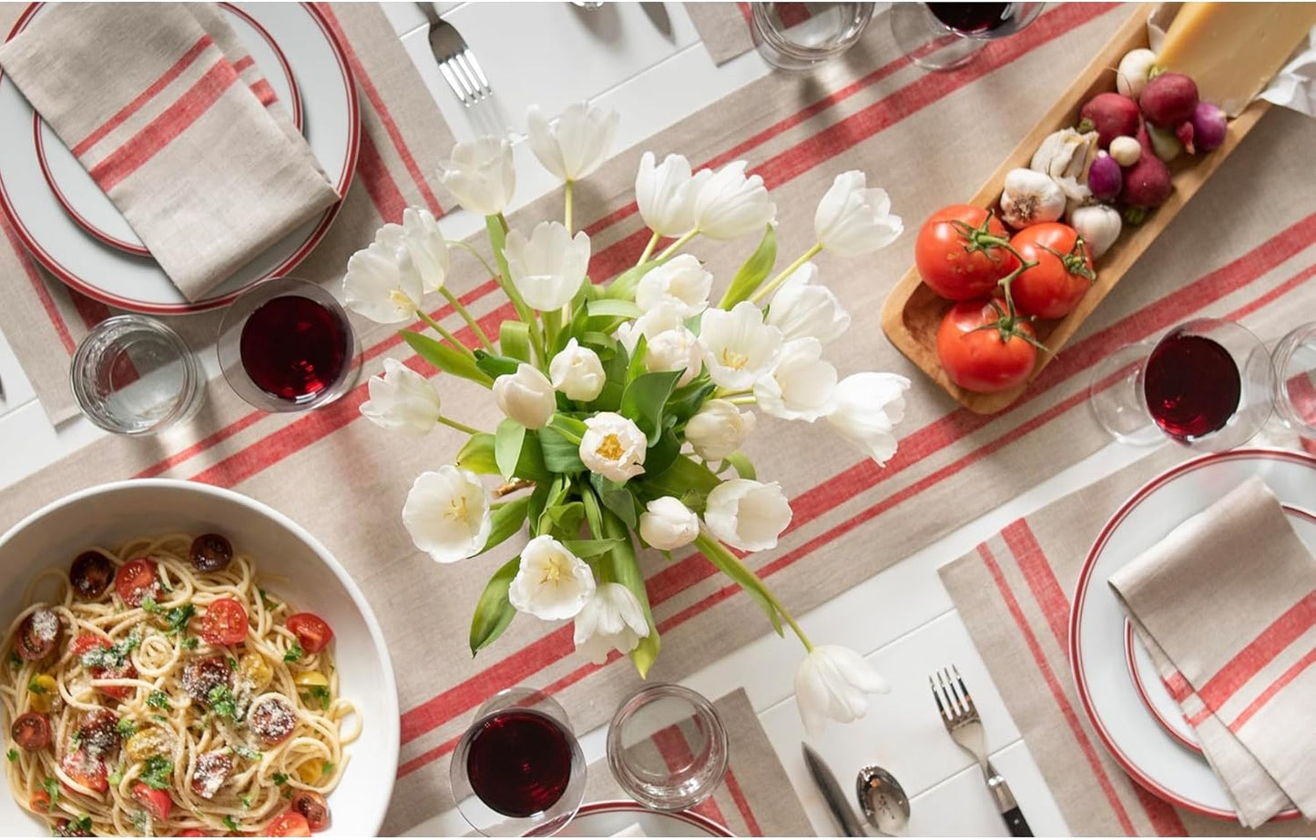 Solino Home Linen Table Runner 120 Inches Long - 100% Pure Linen Red and Natural French Stripe Table Runner 14 x 120 Inch for Dining, Fall, Autumn, Christmas