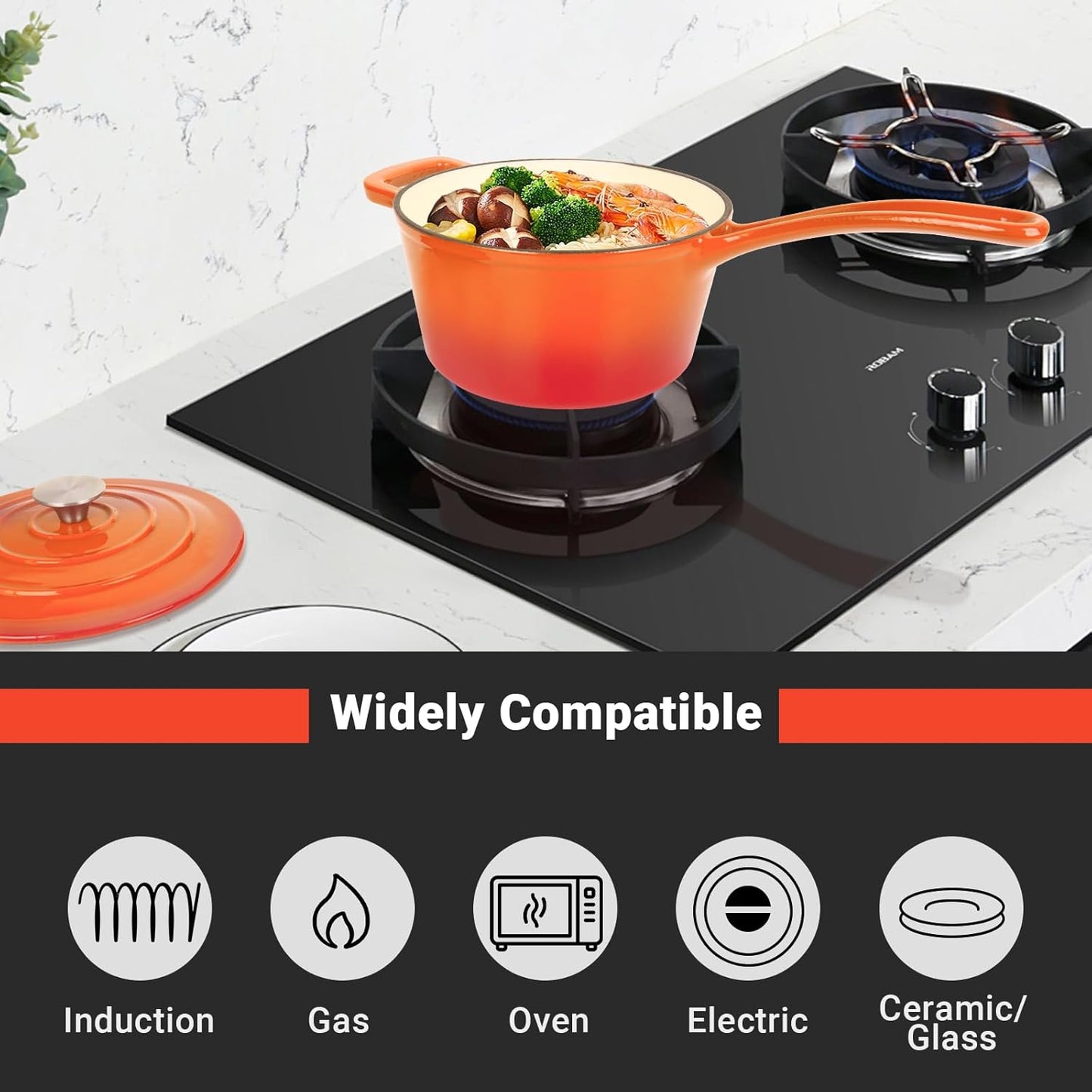 Enameled Cast Iron Sauce Pan, 2 Quarts Round Sauce Pot with Lid, Mini Dutch Oven Enamel Saucepan for Cooking Pasta Sauce, Marinate, Cook, Refrigerate and Serve, Flame Orange