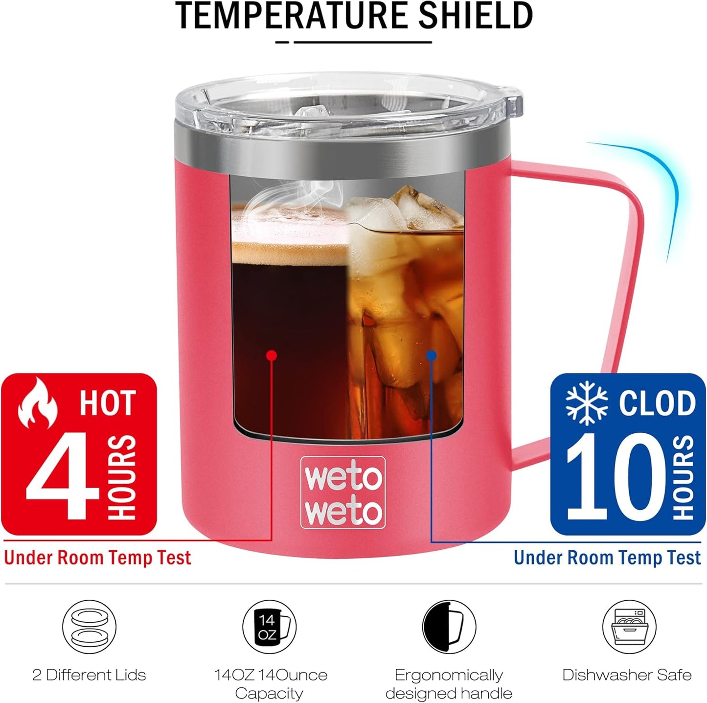 WETOWETO 14 oz Coffee Mug, Vacuum Insulated Camping Mug with Lid, Double Wall Stainless Steel Travel Tumbler Cup, Coffee Mugs Outdoor, Powder Coated Watermelon Red