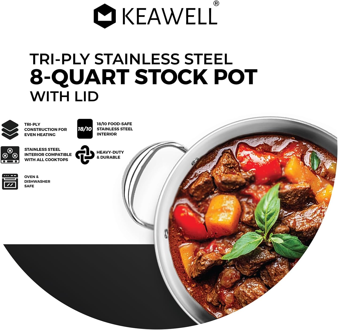 KEAWELL K3 Premium 8-Quart Tri-Ply Stainless Steel Stockpot with Lid, Induction & Oven Safe up to 600°F, Even Heating, Professional Cookware for All Stovetops (8-Qt)