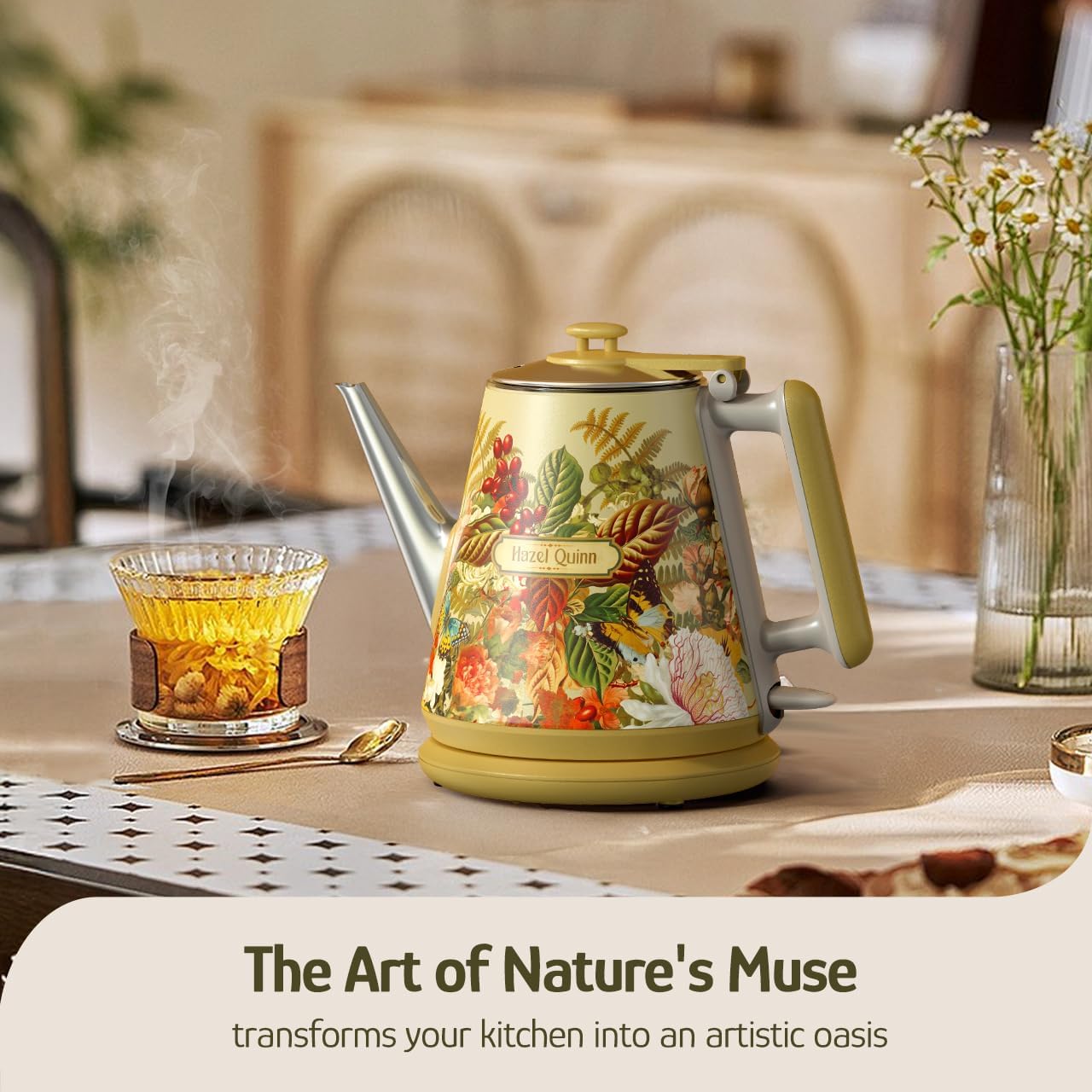 Hazel Quinn Retro X Eduardo Recife Collaboration Electric Kettle- 1 Litres / 34 Ounces Retro Small Tea Kettle, Double Wall, 304 Stainless Steel, 800W Fast Boiling, Cordless, BPA-Free, Auto Shut-Off