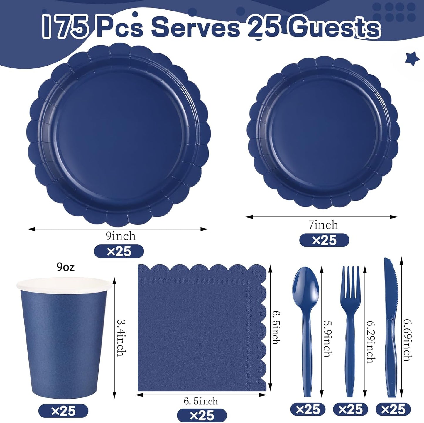 175 Pcs Navy Blue Plates and Napkins, 25 Guest Navy Blue Party Supplies Inlcudes Scalloped Plates Napkins Cups Plastic Cutlery for Birthday, Wedding, Picnic