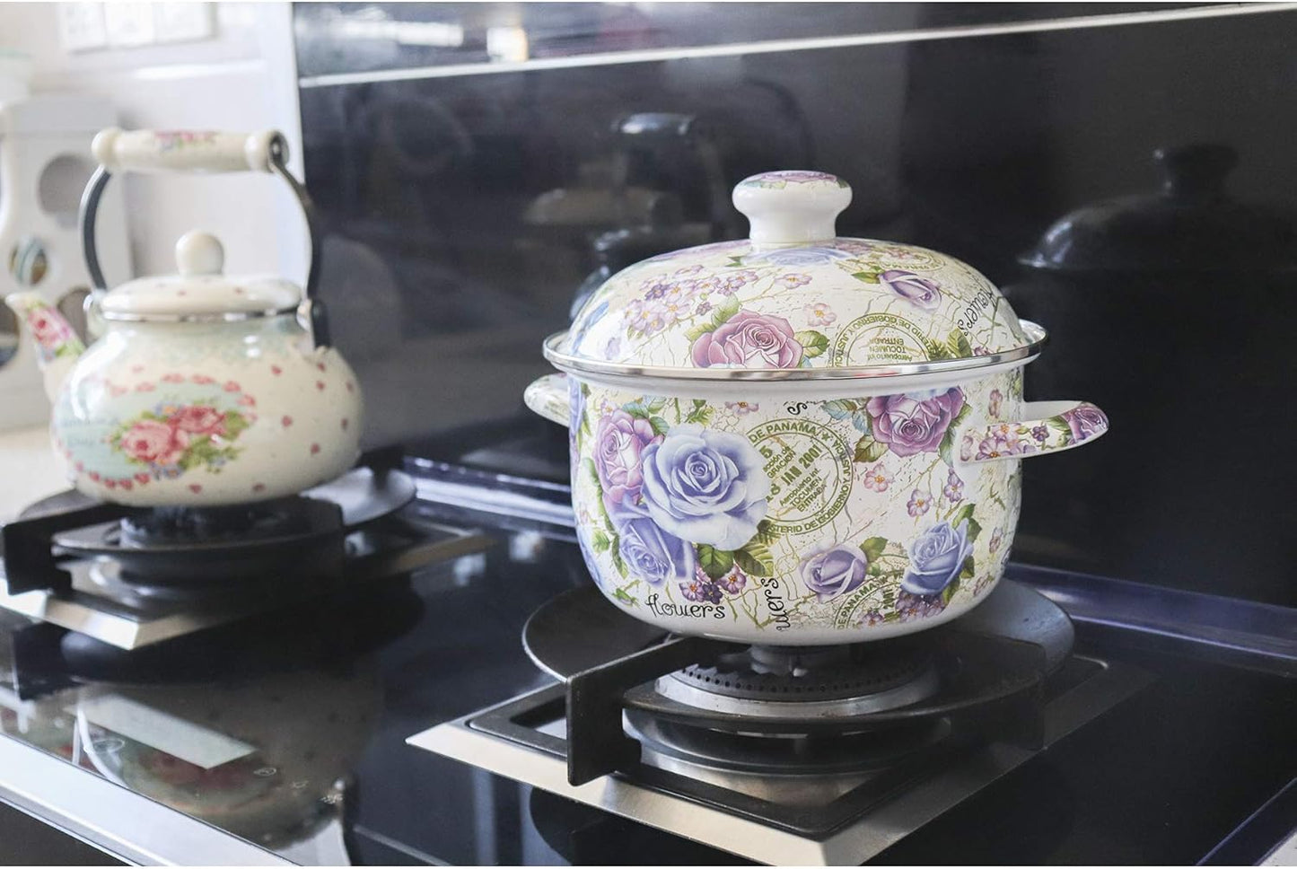 Flower Enamel on Steel Stock Pot/Stockpot with Lid, 3 Quart (style2)