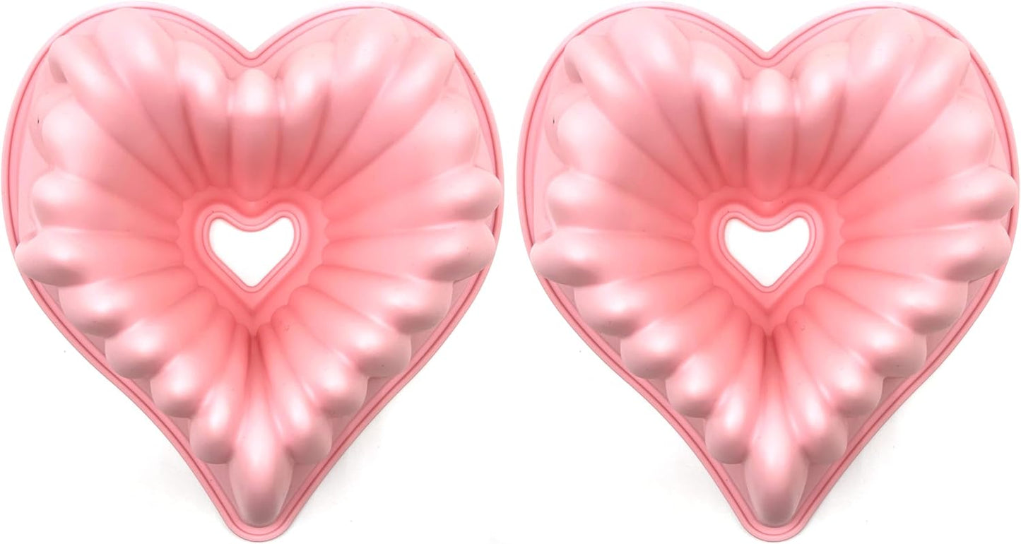 Kundalini Heart Shaped Cake Pan, 2PCS 9 Inch Heart Fluted Tube Cake Pans, Nonstick Silicone Cake Molds for Making Wedding, Valentine's Day and Family Cakes