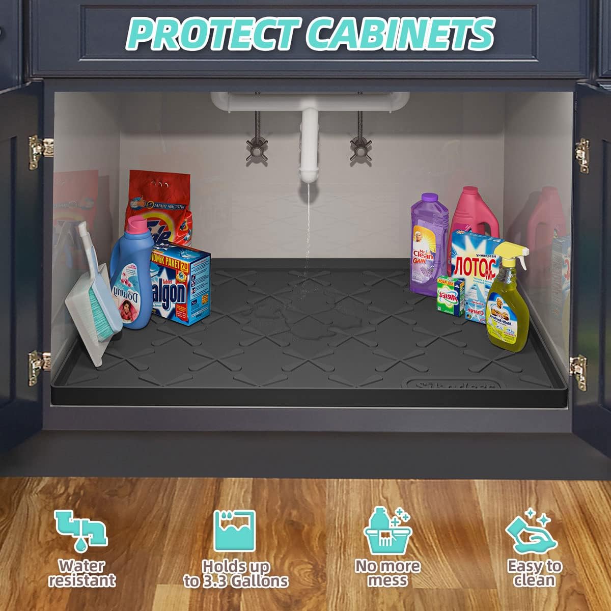 SIKADEER 19" x 19" Under Sink Mat Waterproof, Silicone Mat Kitchen Drawer Shelf and Cabinet Liner, Sink Protector for Kitchen Organizers and Storage, Boot Tray Pet Food Mats