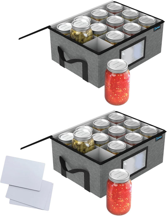 2Pk 32 oz Quart Mason Jar Organizer, Sturdy Pantry Canning Jar Storage Containers, Holds 12 Quart Size Ball Mason Jars, Foldable Canning Organizer, Stackable Home Storage Box w/Lid & Label holder