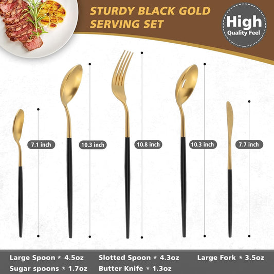 5-Piece Matte Black Gold Stainless Steel Large Hostess Set With Round Edge Satin Finish Dishwasher Safe - Large Serving Set Including Fork, Knife, Sugar Spoon And Slotted Spoon