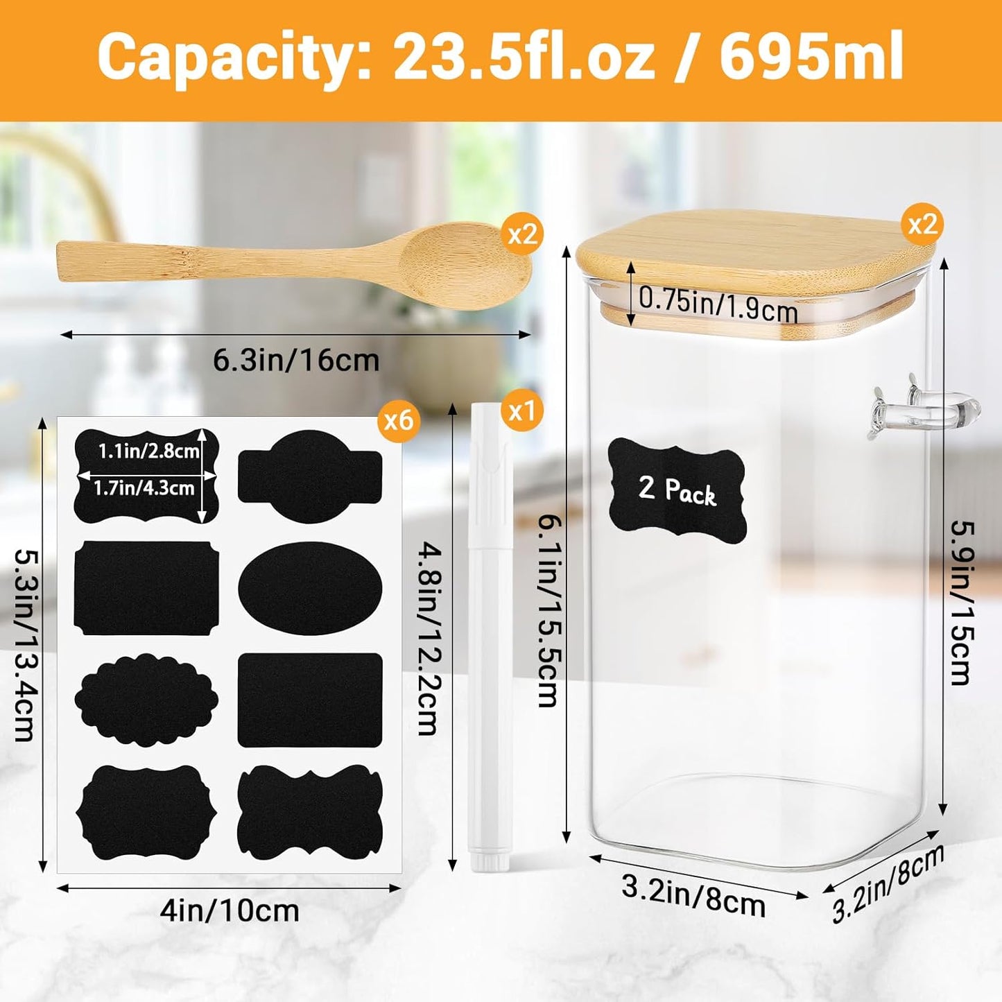 Glass Containers with Airtight Lid - 2 Pack 23 Fl.oz Square Glass Jars with Bamboo Lids and Spoons, Includes Labels and Marker, Empty Flour Sugar Storage Canister for Bean, Pasta, Candy, Cookies