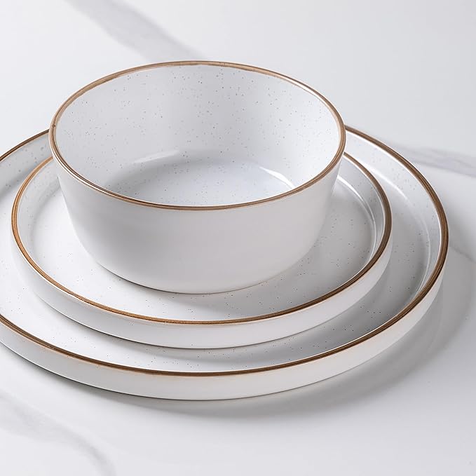 AmorArc Dinnerware Set for 4, 12 Pieces Ceramic Plates and Bowls Set, Handcrafted Speckled Stoneware Plates, Dishwasher & Microwave Safe Dishes- (White, Service for 4)