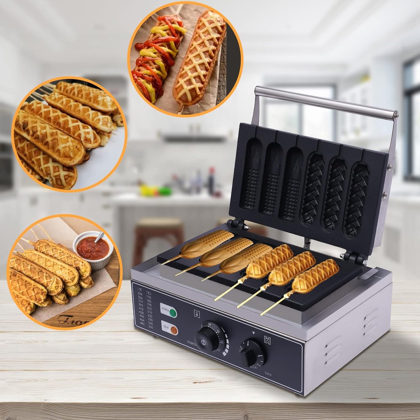 110V Nonstick 2-Shape Commercial Electric 6pcs Hot Dog Maker Machine Waffle Baker Electric Waffle Maker Muffin Machine Corn Dog for Family Breakfast Gift 1500W