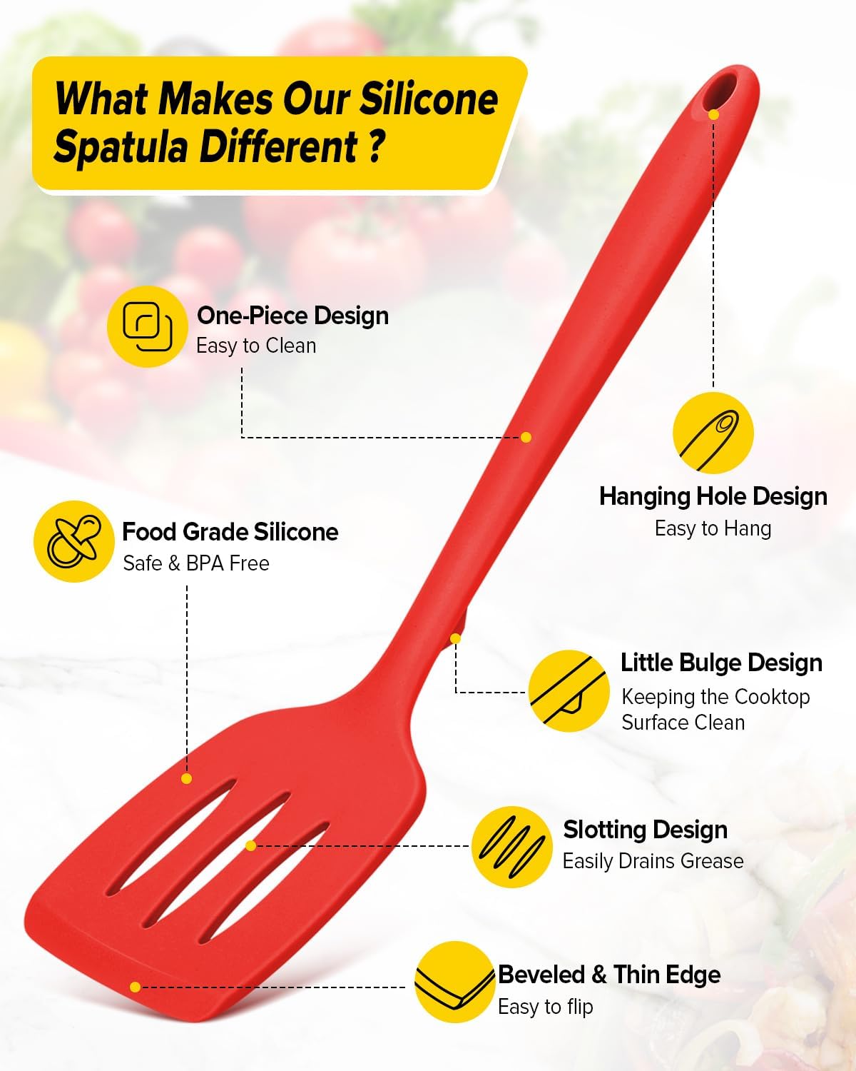 Pack of 2 Silicone Spatula Turners, Non Stick Slotted Kitchen Spatula Set, Heat Resistant BPA Free Kitchen Utensils, One-Piece Design, Suitable for Flipping Fish, Eggs, Steak, Pancakes (RED)