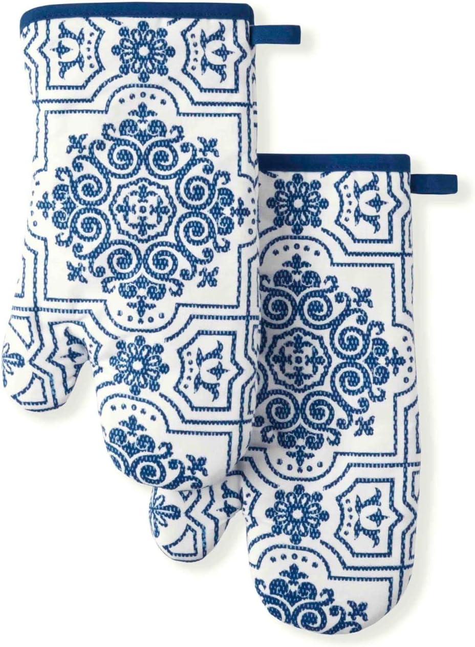 Martha Stewart Strie Medallion Oven Mitt 2-Pack Set, Navy Blue, 7"x13"
