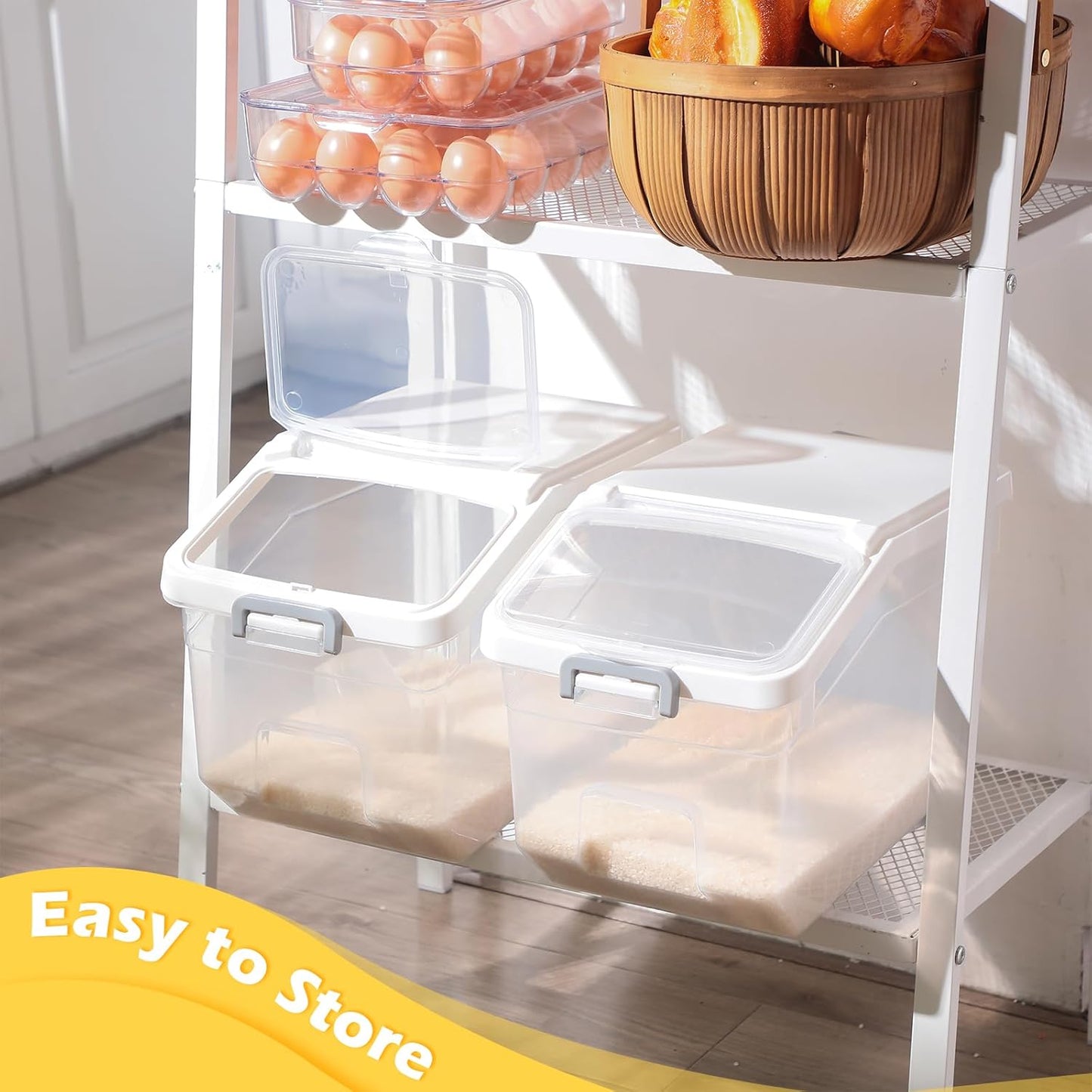 Sunnyray 4 Pcs Rice Storage Container 28 lb Airtight Flour Container with Wheels Measuring Cup Clear Pet Food Cube Dog Birds Cat Food Bin Grain Cereal Organizer Box for Dry Baking Supplies(White Lid)