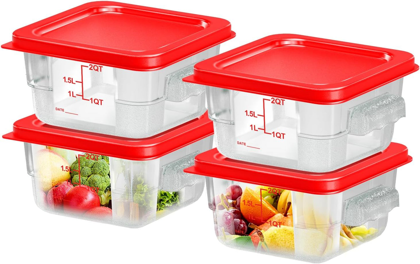 4 pcs 2qt Food Storage Containers with Lid, Square Clear Commercial Food Storage Containers with Handle and Scale for Food Storage in Home Kitchen & Dining (Red)