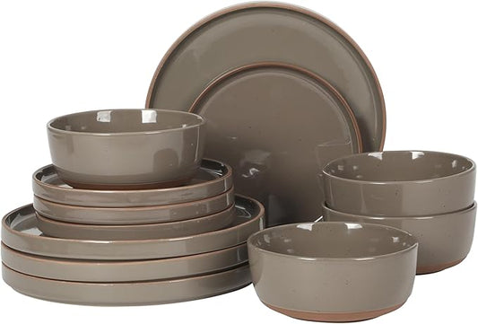 Gibson Elite Northrock Stoneware Dinnerware Set, 16-Piece Service for 4 Plates and Bowls Set – Gray Dishes with Hand-Painted Terracotta Base