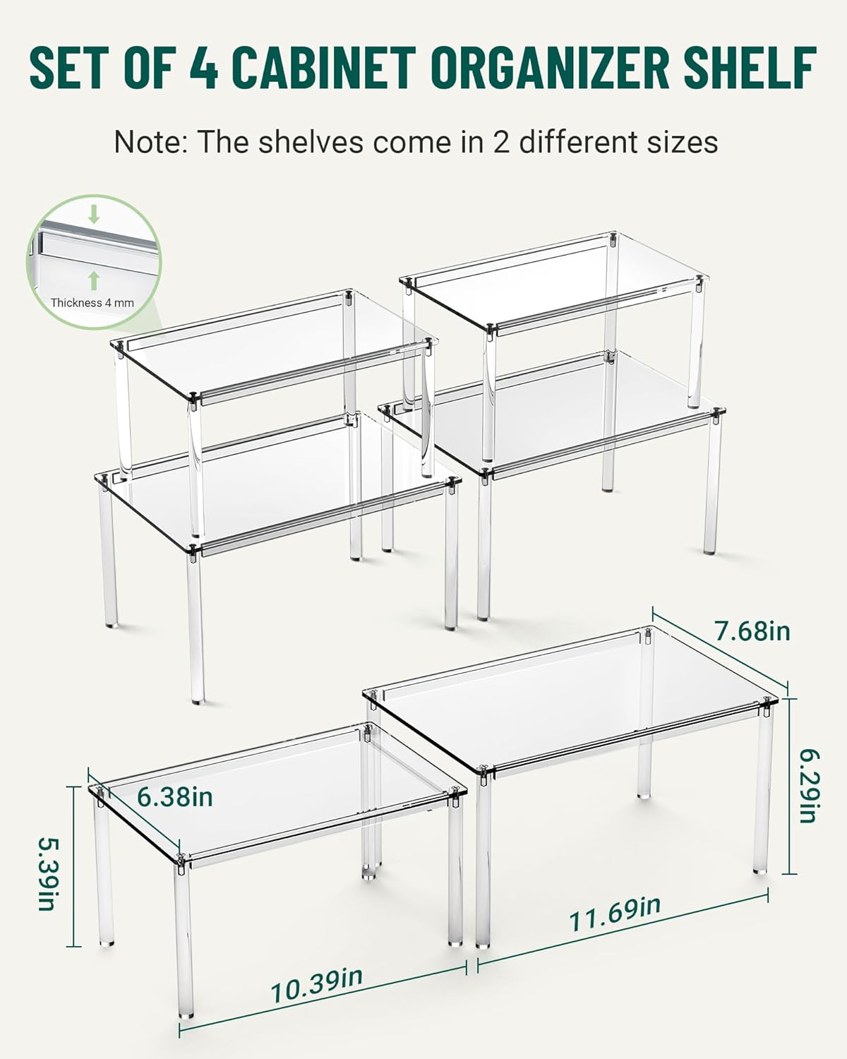 Acrylic Cabinet Organizer, Set of 4 Spice Rack Organizer for Cabinet, Desk Countertop Shelf Organizer, Pantry Kitchen Storage and Organization, Stackable Shelves House Essentials for Gift