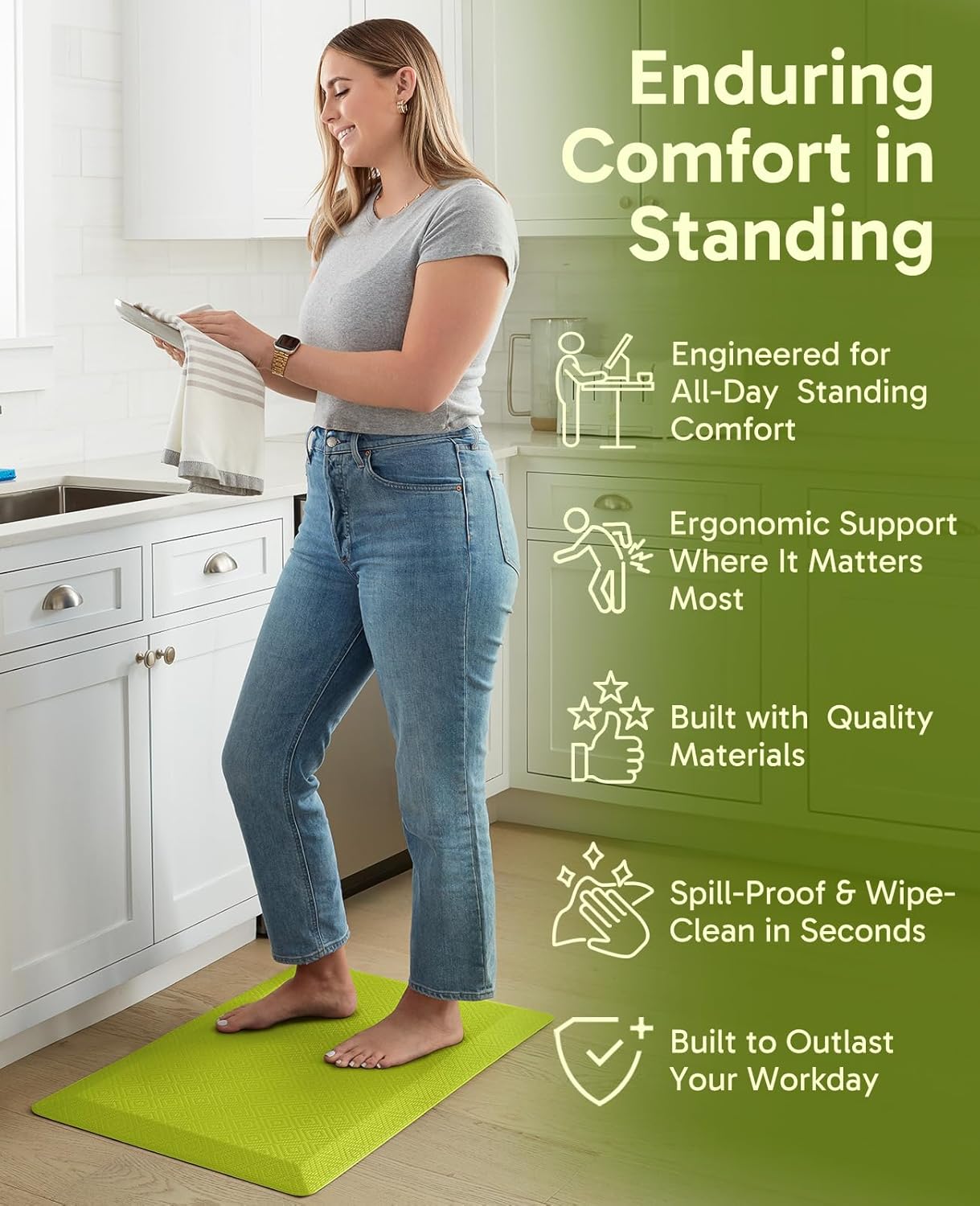 Ophanie Kitchen mats for Floor, 3/4 inch Thick, Kitchen Rugs, 20''x39'' Anti Fatigue Standing Cushioned Mat, Waterproof,Comfort Ergonomic mat for Office, Home, Sink, Green Non-Slip Bottom