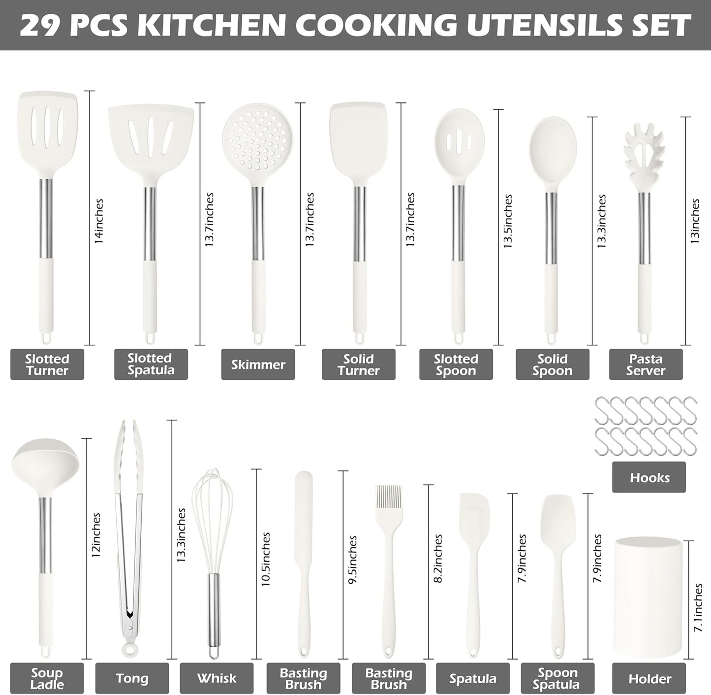 HaWare 29 PCS Silicone Cooking Utensils Set, Heat Resistant Kitchen Utensils Set with Stainless Steel Handle, Spatula Sets with Holder and Hooks, Kitchen Tools Gadgets for Nonstick Cookware -White