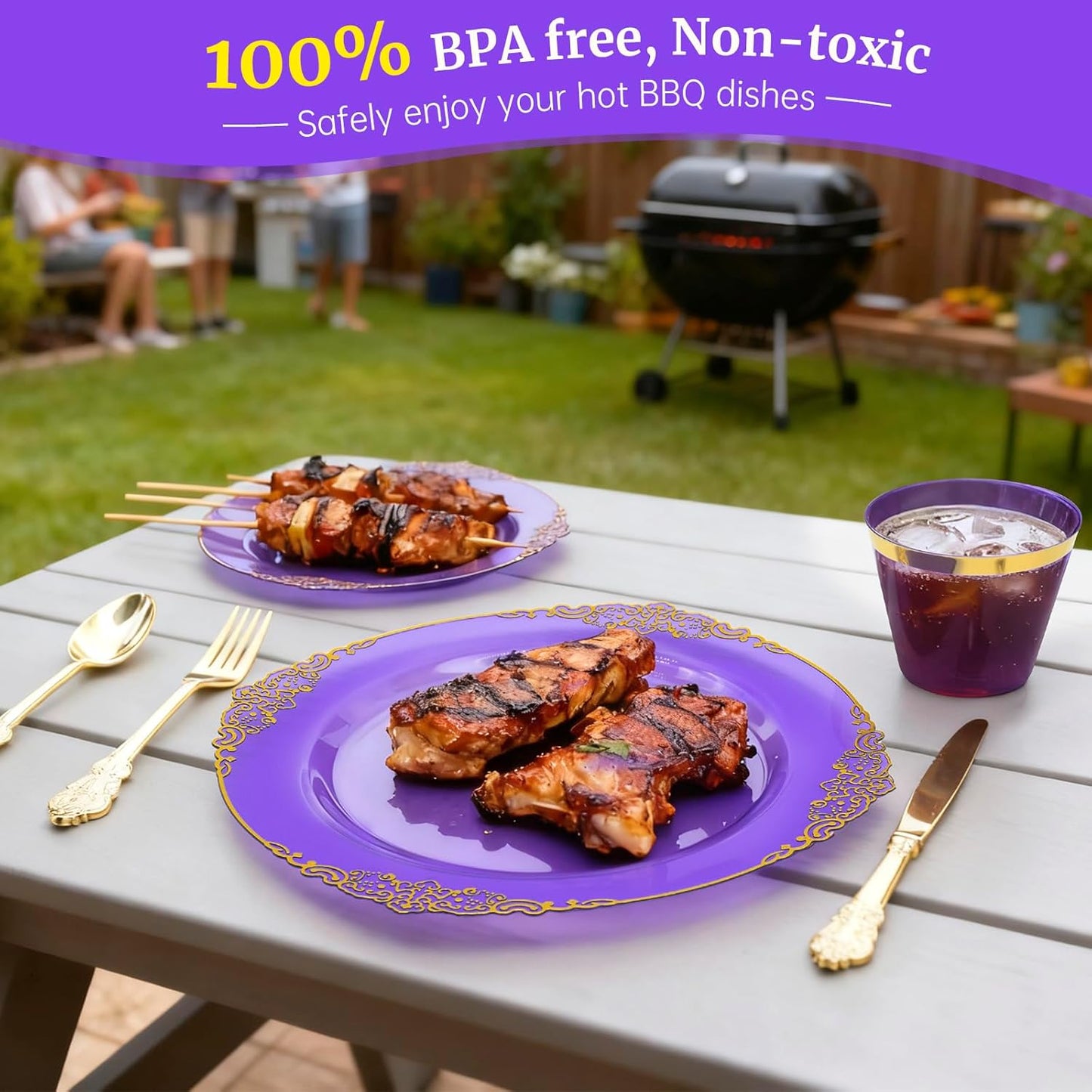 AIRE 350PCS Purple Gold Plastic Plates for Party Dinnerware Sets for 50 Guests, Vintage Disposable Plastic Party Plates Cups Spoons Forks Knives Napkins for Wedding Birthday Christmas BBQ Parties