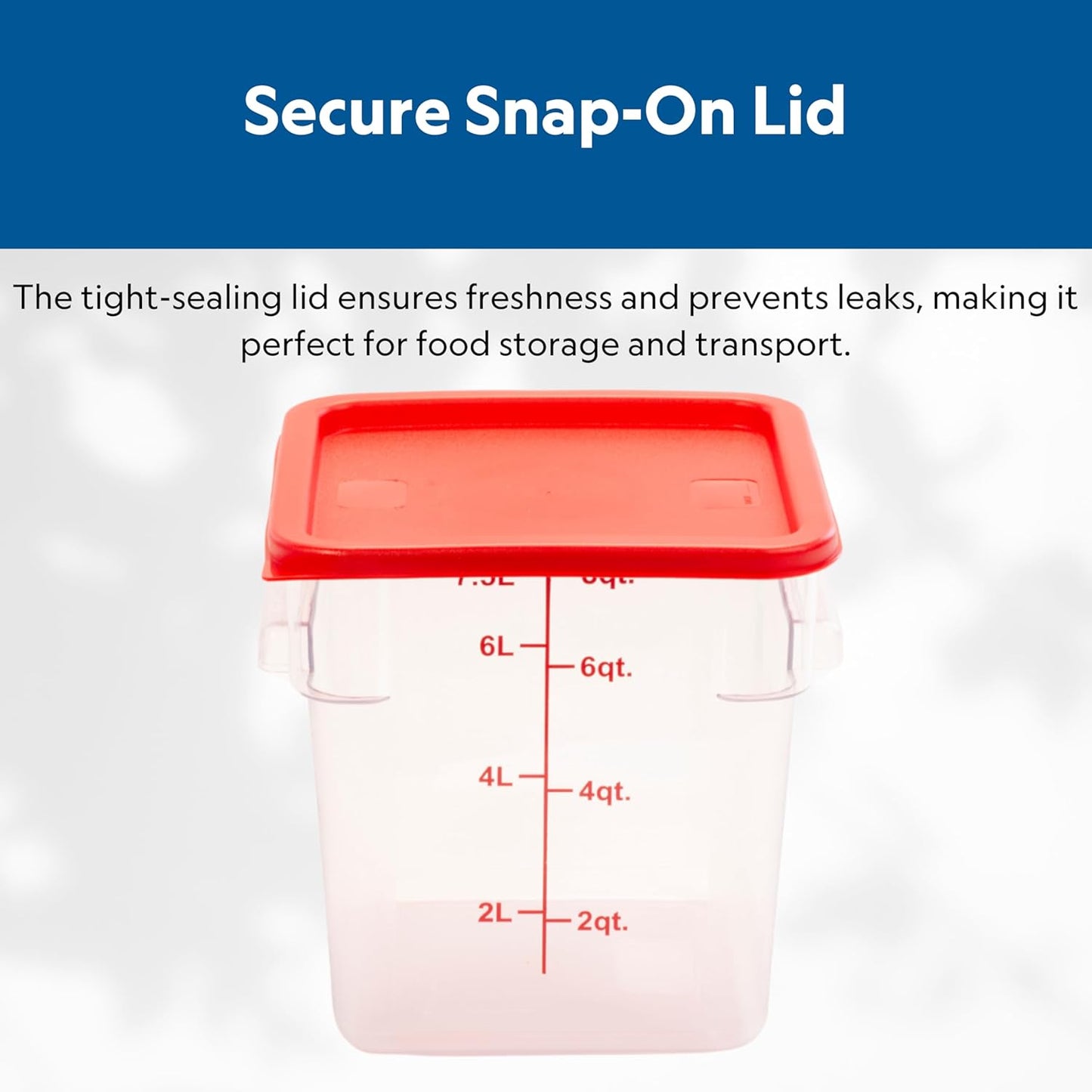 FSE Square Food Storage Container with Red Lid, 8 Quart, Polycarbonate, Reusable, Clear, NSF