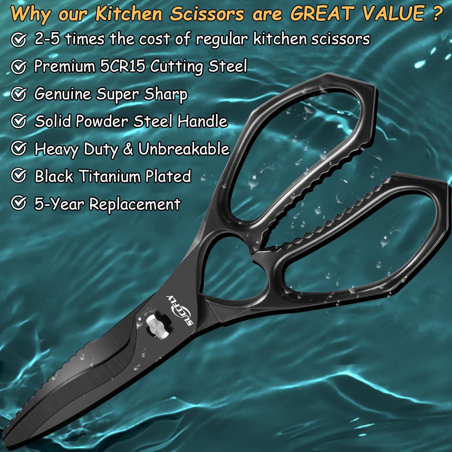 Kitchen Scissors for Food，Premium Kitchen Shears Heavy Duty，8.8″Ultra Sharp Meat Scissors Detachable Blade，All Steel Poultry Shears Black Titanium Plated，Anti-Slip Cooking Scissor All Purpose