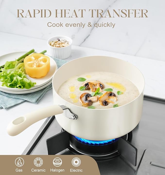 MICHELANGELO Nonstick Sauce Pan Sets, Ceramic Saucepan with Lid, Multipurpose Pot with Lid, Non-Toxic Saucepans, Induction Compatible, 3QT, White