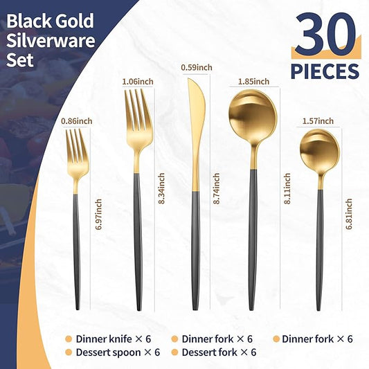 Matte Black Gold Silverware Set,30 Piece Stainless Steel Modern Flatware Set,Brushed Cutlery Set Service for 6,Satin Finish Utensils Set,Home Kitchen and Restaurant,Dishwasher Safe