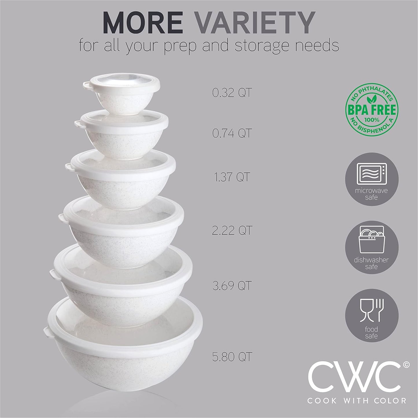 COOK WITH COLOR Mixing Bowls with TPR Lids - 12 Piece Plastic Nesting Bowls Set includes 6 Prep Bowls and 6 Lids, Microwave Safe Mixing Bowl Set (Speckled White)