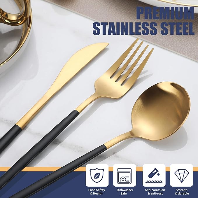 Matte Black Gold Silverware Set,30 Piece Stainless Steel Modern Flatware Set,Brushed Cutlery Set Service for 6,Satin Finish Utensils Set,Home Kitchen and Restaurant,Dishwasher Safe