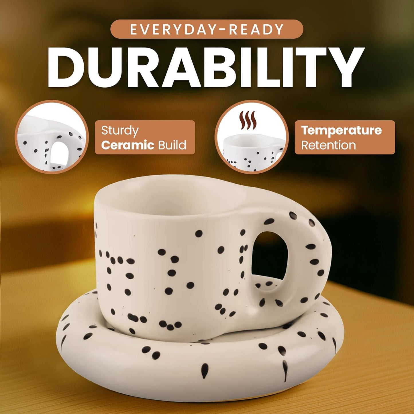 10oz Nordic Ceramic Coffee and Tea Mug – Cute Cup and Saucer Perfect for Coffee Lovers Gifts and Kitchen Essentials (Beige)