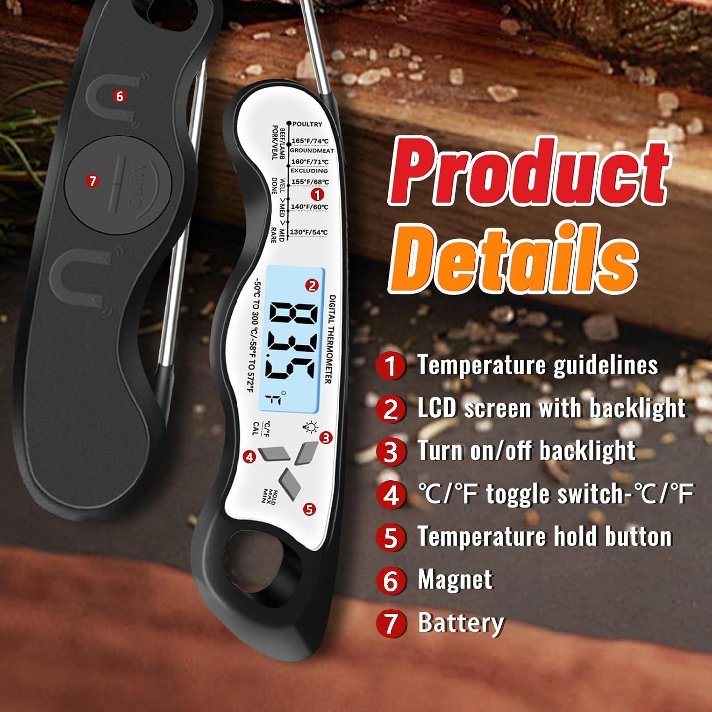 Meat Thermometer, IP67 Waterproof Digital Meat Thermometer with Backlight, Hold Function & Magnet for Grill, BBQ, Candy, Beef,Turkey，Gadgets Essentials BBQ Accessories,Mens Stocking Stuffers