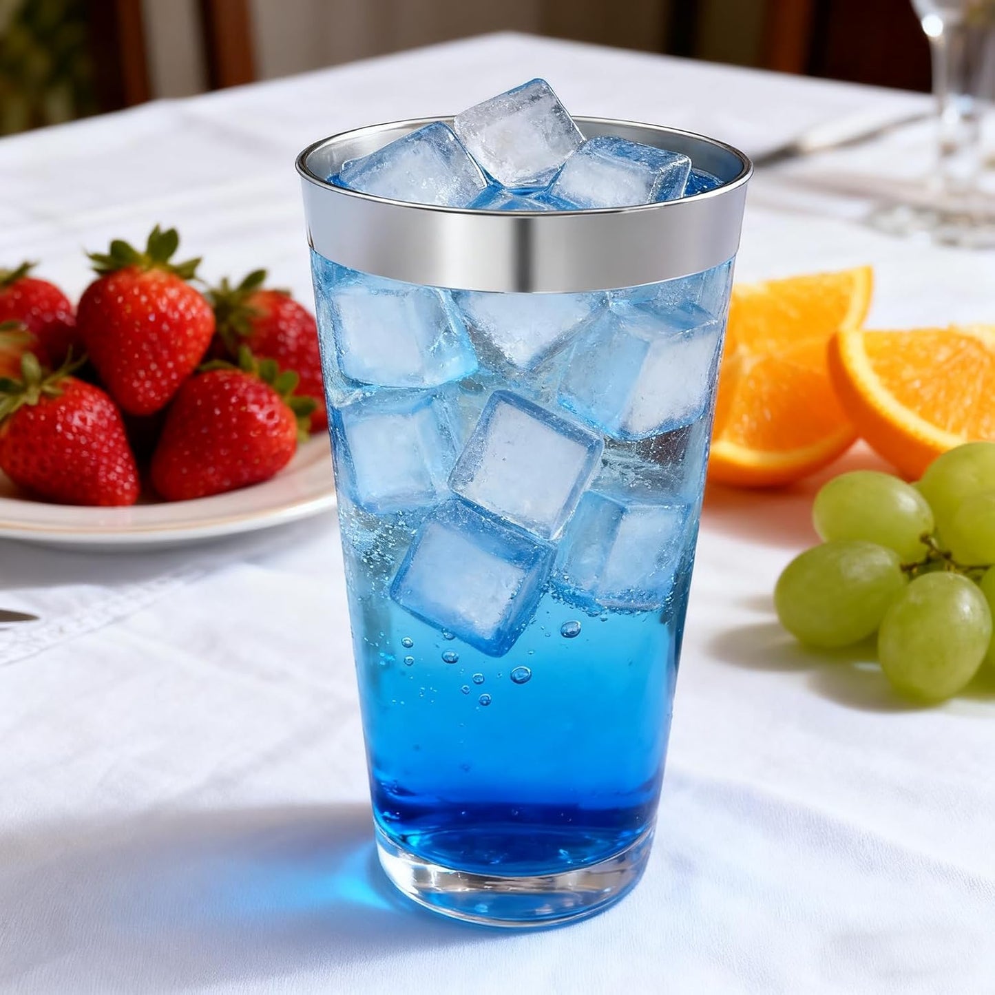 100 Pcs Silver Plastic Tumblers - 16 oz Clear and Silver Rim Plastic Wine Cups, Big Size Fancy Disposable Party Cup Beverage Drinking Cup for Party, Wedding, Halloween, Thanksgiving & Christmas