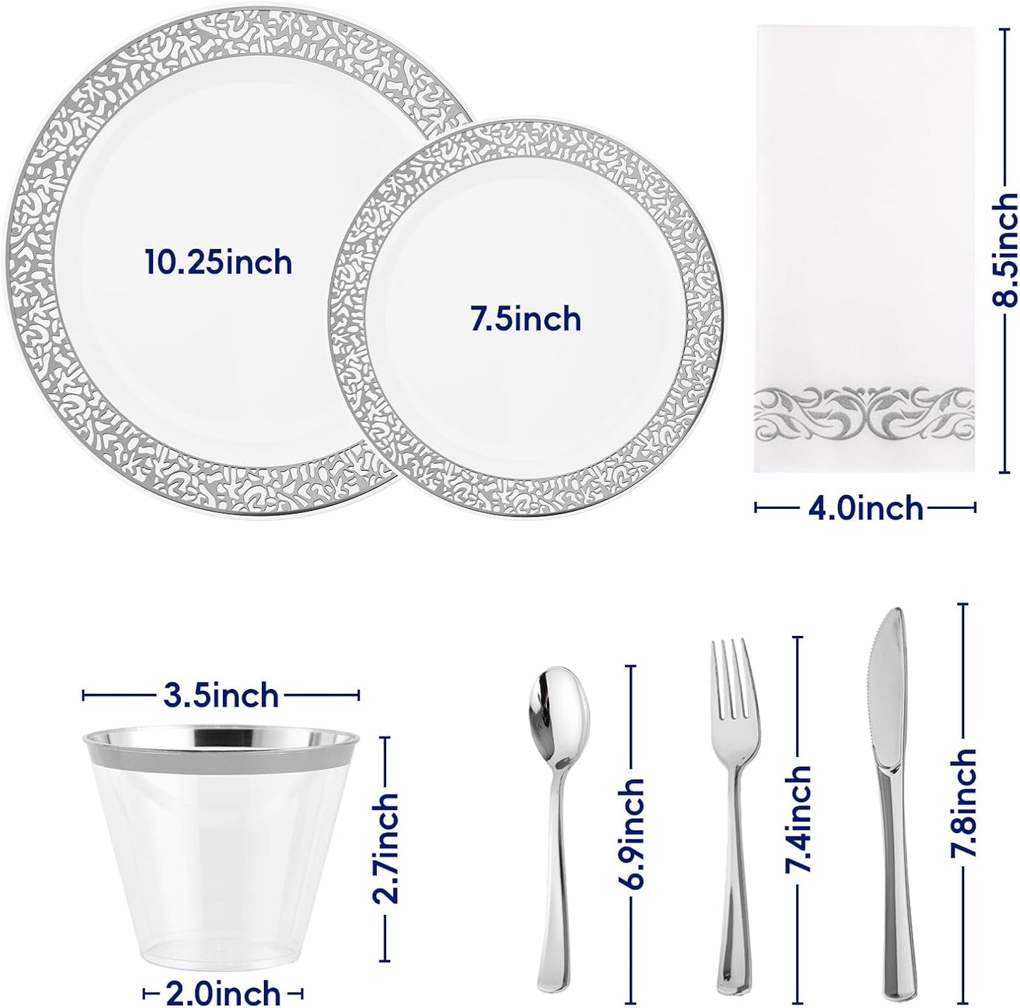 𝟐𝟏𝟎 Count Silver Plastic Dinnerware, Silver Disposable Plates, Includes 30 Dinner & 30 Dessert Plates & 30 Cups & 30 Paper Napkins & 30 Plastic Silverware Set