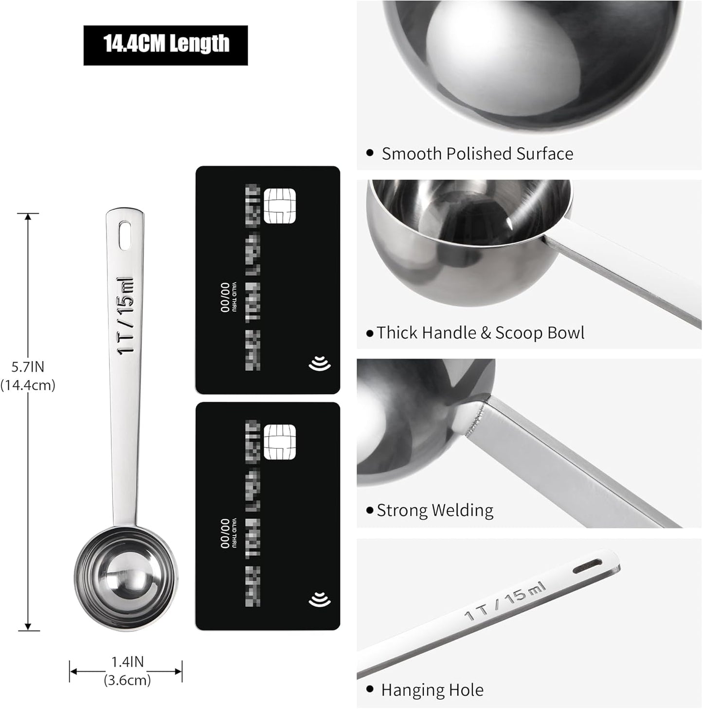 18/8 Stainless Steel Coffee Scoop, Doosu Food-Grade Metal Measuring Spoon with 4.3in Long Handle, Tablespoon Scooper for Coffee Beans, Ground Coffee, Espresso, Protein Powders, Tea, Sugar (1 Tbsp)