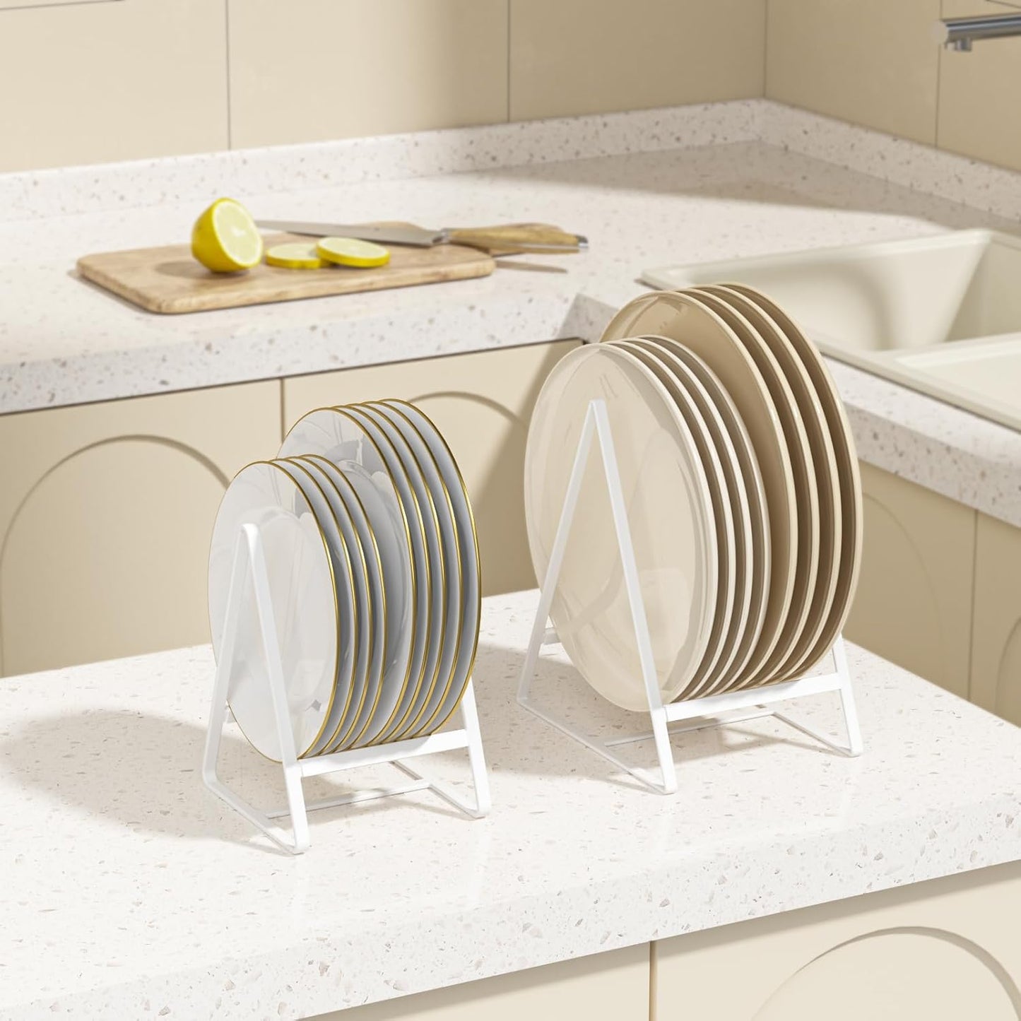 2 Large 1 Small Triangle Plate Holders Organizers Upright Cabinet Dish Drying Racks Metal Plate Dish Organizers Racks Stands for Countertop and Cupboard White