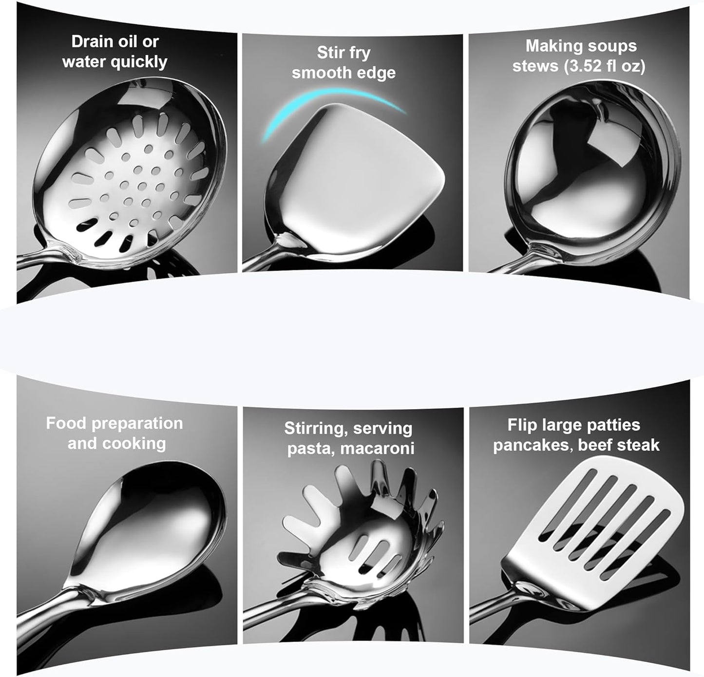 304 Stainless Steel Kitchen Utensil 6 PCS Cooking Utensils Set, Spatula, Ladle, Skimmer, Slotted Spatula Tunner, Spaghetti Spoon, Large Spoon