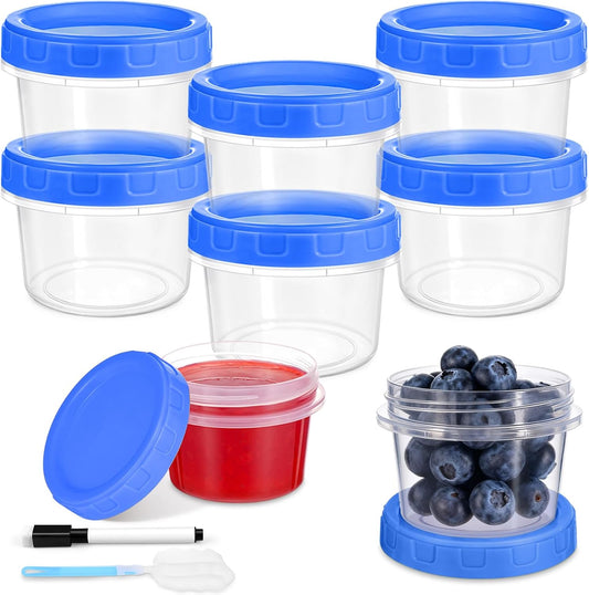 6 Pcs 4 oz Plastic Containers with Screw Lids, Reusable 1/2 Cup Small Food Storage Containers, Airtight Freezer Containers, Microwave & Dishwasher Safe, with Pen and Brush