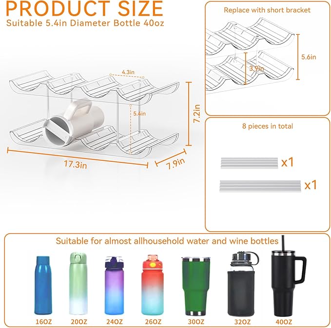 Yieach 2 Tier Water Bottle Holder for Cabinet,Acrylic Wine Rack and Stackable Water Bottle Organizer for Pantry - Waterbottle Organizer for 40 oz Stanley Cup Holder and Other Tumbler Organizers
