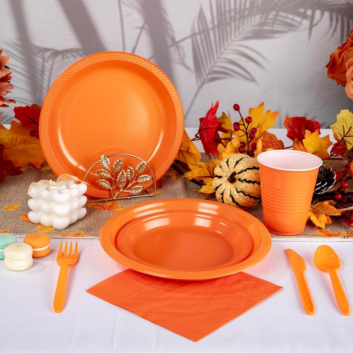 WELLIFE 210Pcs Orange Disposable Plates For Party,Plastic Dinnerware Set,Includes: Orange Plastic Plates and Napkins, Disposable Cutlery and 12OZ Cups, Serve 30 Guests for Party and Thanksgiving