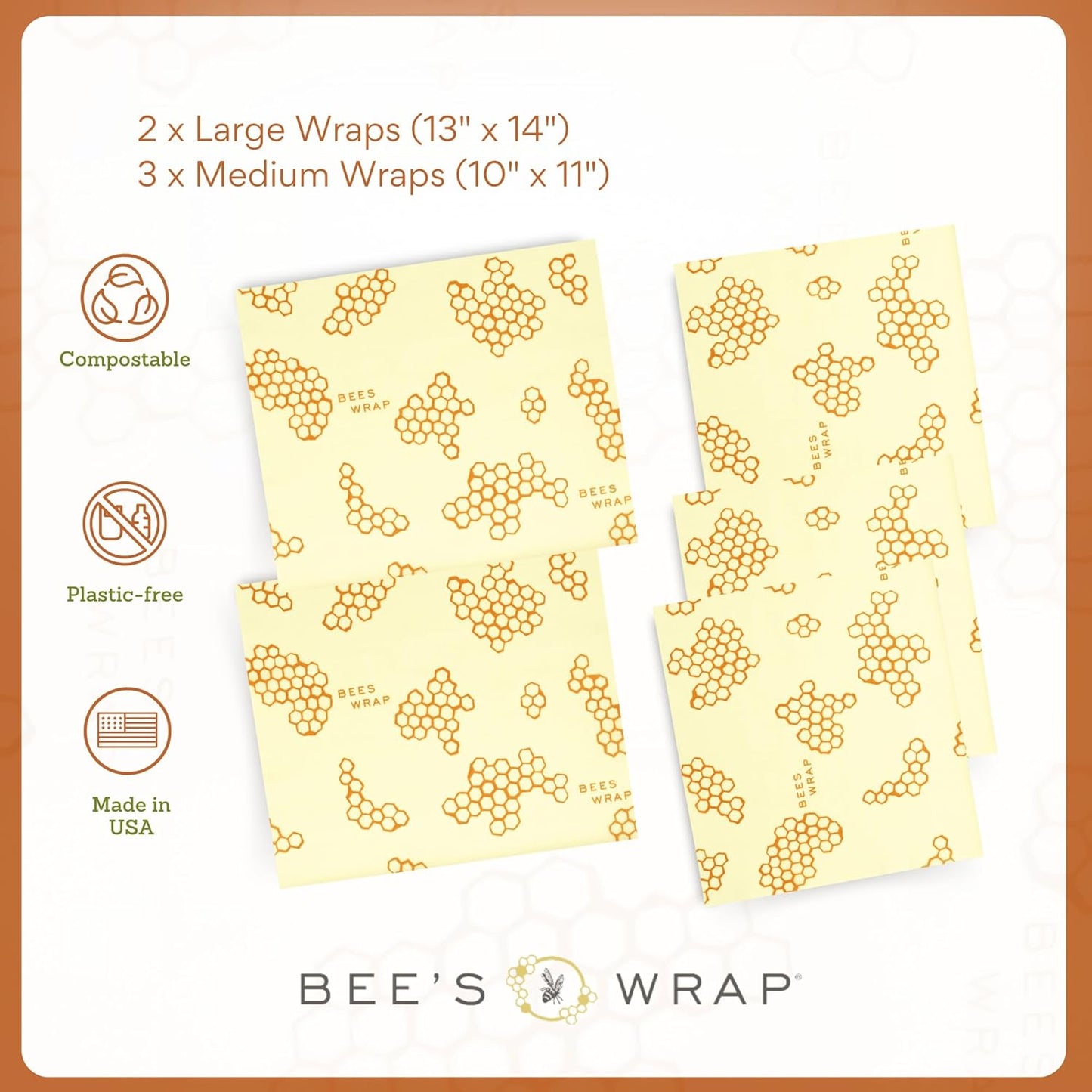 Bee's Wrap Beeswax Wraps for Food - Made in USA Reusable & Organic Food Wraps & Bowl Covers - Eco-Friendly Alternative to Aluminum Foil & Plastic Wrap, Honeycomb 5 Pack (2L, 3M)