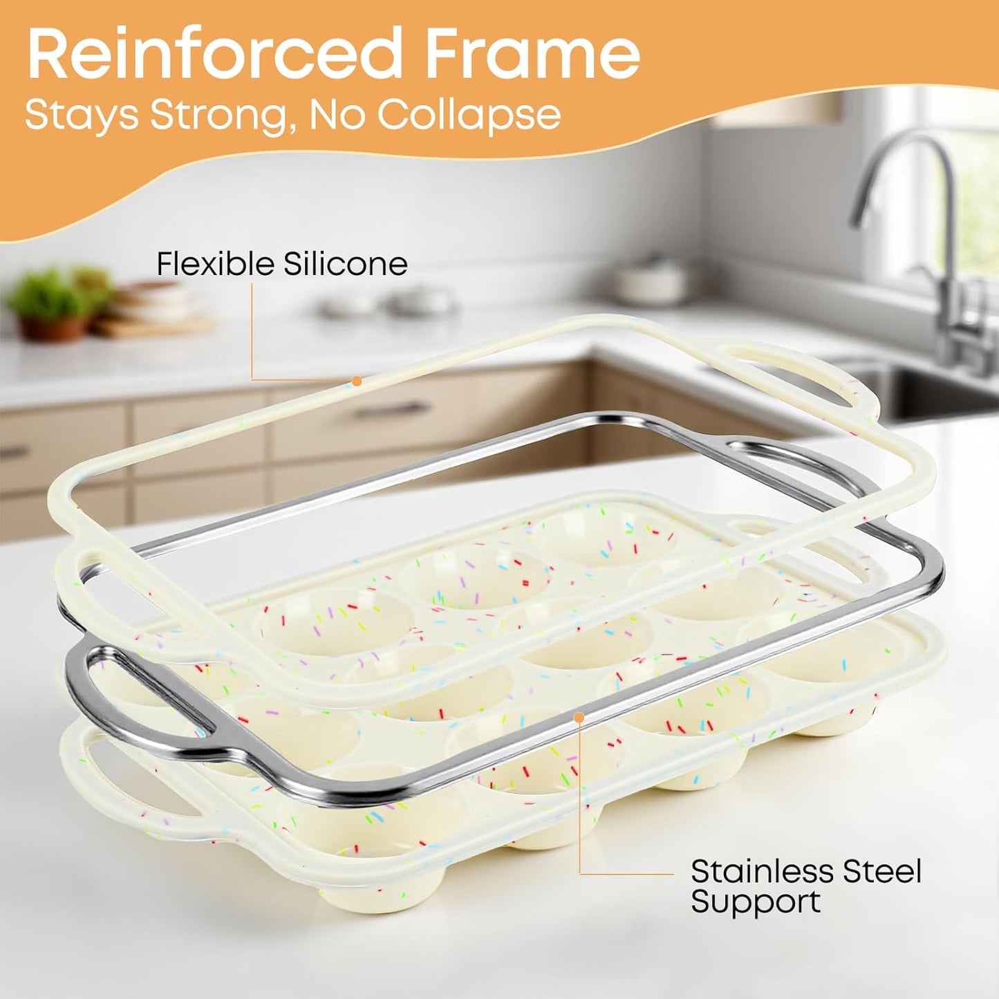 12-Cup Silicone Cupcake Pan, Nonstick Muffin Pan, Dishwasher Safe Muffin Tray with Handles, Food Grade Silicone Muffin Tin for Baking Egg Bites & Cupcakes