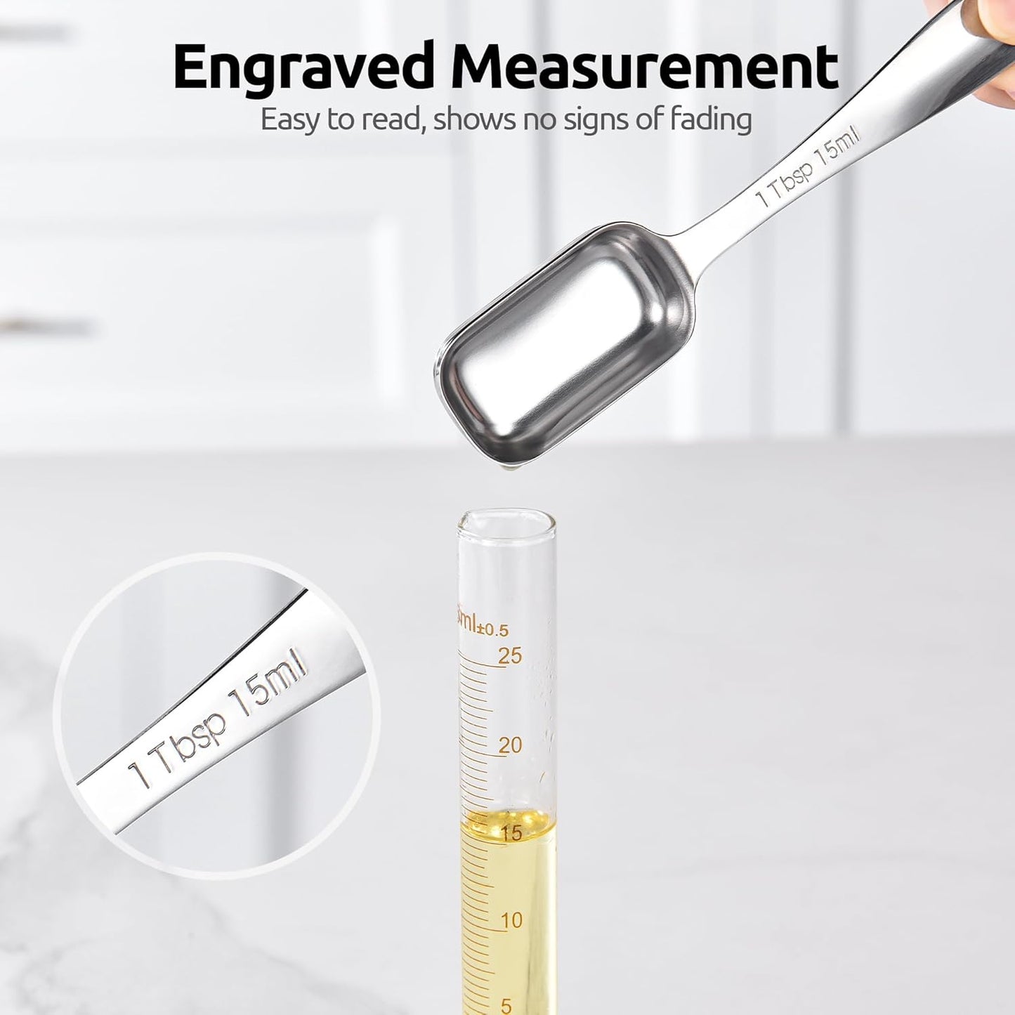 U-Taste Narrow Square Measuring Spoons: 18/8 Stainless Steel Kitchen Measure Teaspoon Tablespoon with Leveler, Polygon Rectangular Metal Jar Scoop for Baking Cooking, Coffee, Spice, Powder (Set of 6)